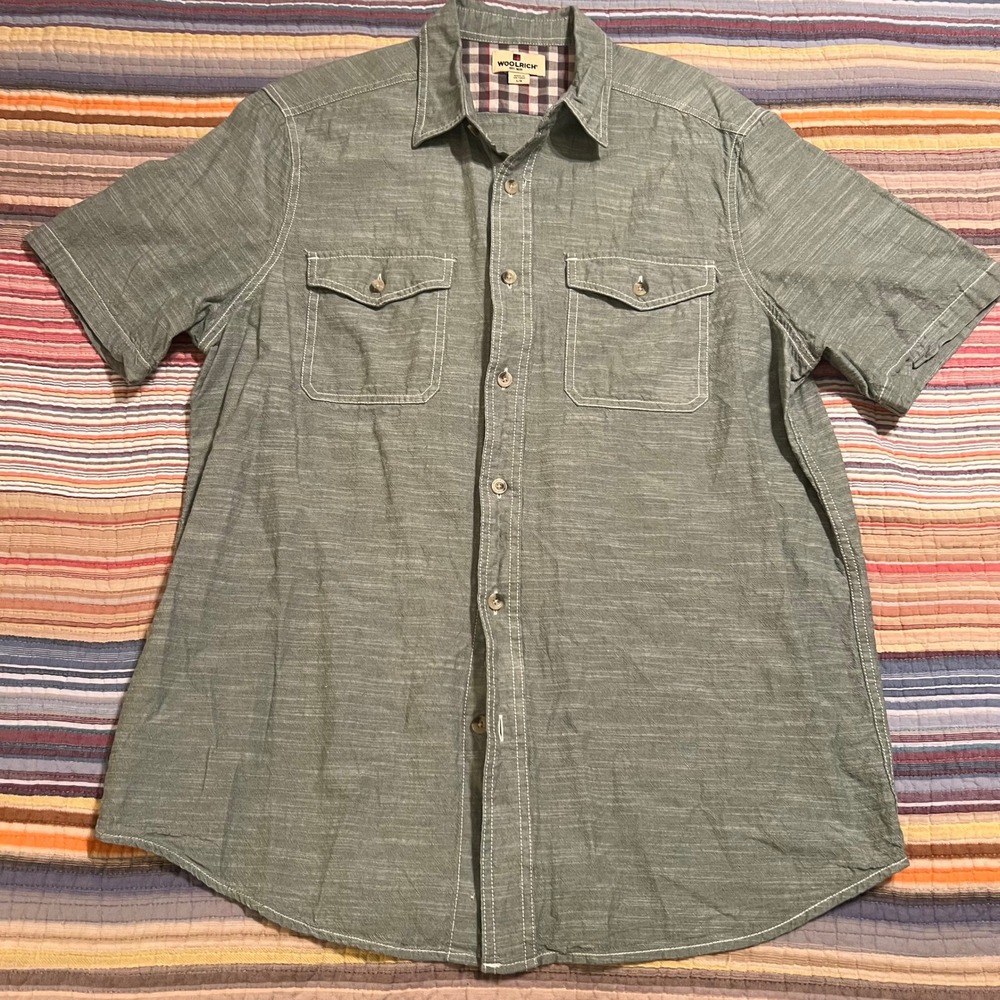 WOOLRICH Mens Short Sleeve Button Up Shirt Green Plaid Lined Pockets Size L‎